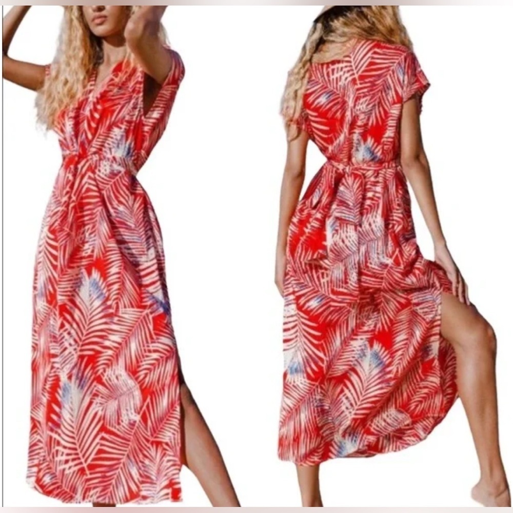 Cupshe Tropical Emmy Leafy Midi Dress Capped Sleeves Side Slits